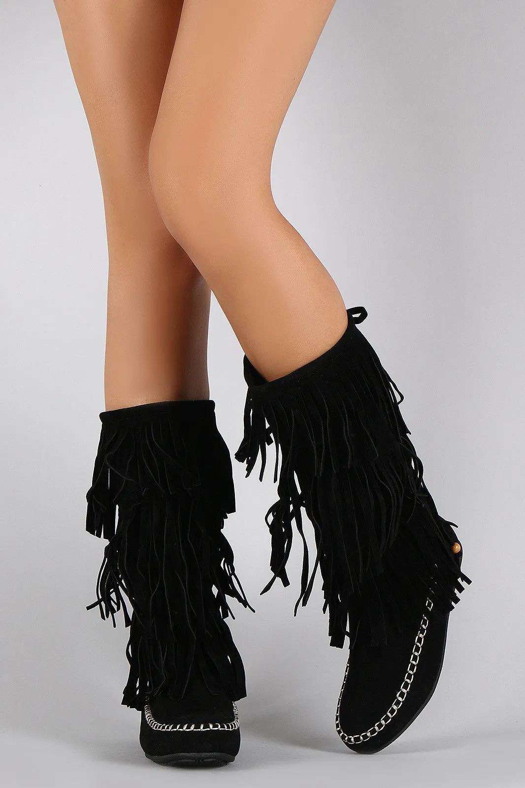 Fringe Moccasin Mid Toe Suede Artistic Boot Calf All-encompassing selection Triple Flat Round
