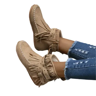 Fringe Studded Suede Flat Boots