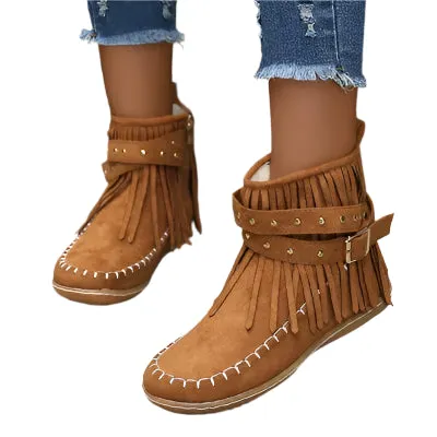 Fringe Studded Suede Flat Boots