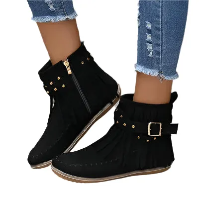 Fringe Studded Suede Flat Boots