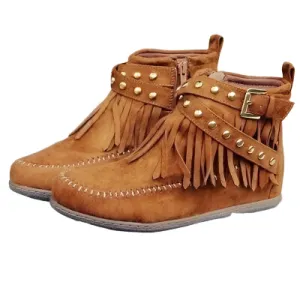 Fringe Studded Suede Flat Boots