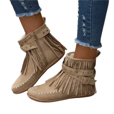 Fringe Studded Suede Flat Boots