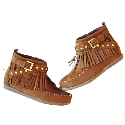 Fringe Studded Suede Flat Boots