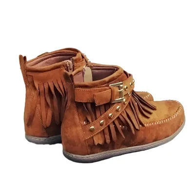 Fringe Studded Suede Flat Boots