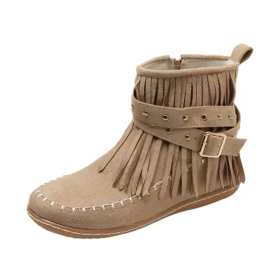 Fringe Studded Suede Flat Boots