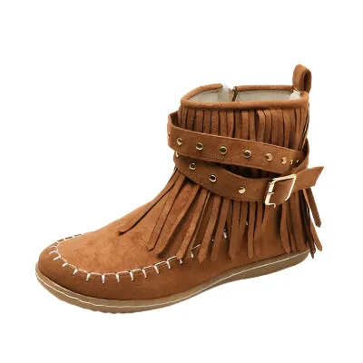 Fringe Studded Suede Flat Boots