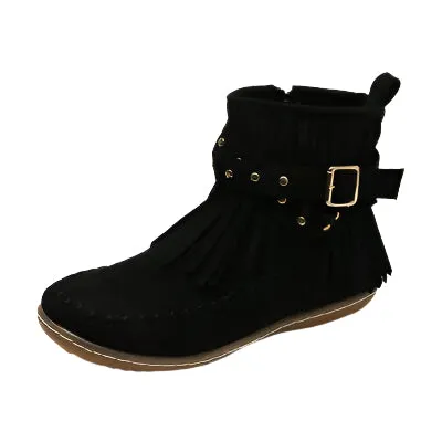Fringe Studded Suede Flat Boots