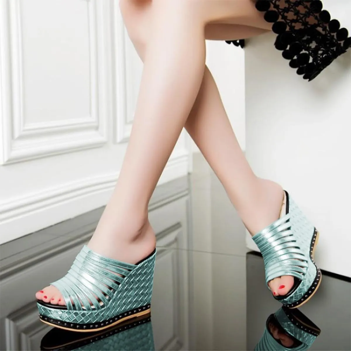 FSJ Women Open Toe High Heel Mules Platform Clogs Slip On Studded Wedges Sandals Strappy Slide Casual Backless Slippers Shoes Size 4-16 US