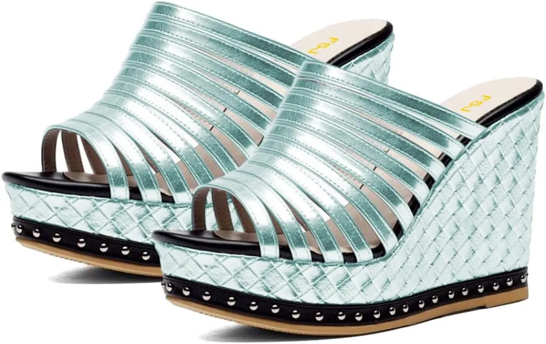 FSJ Women Open Toe High Heel Mules Platform Clogs Slip On Studded Wedges Sandals Strappy Slide Casual Backless Slippers Shoes Size 4-16 US