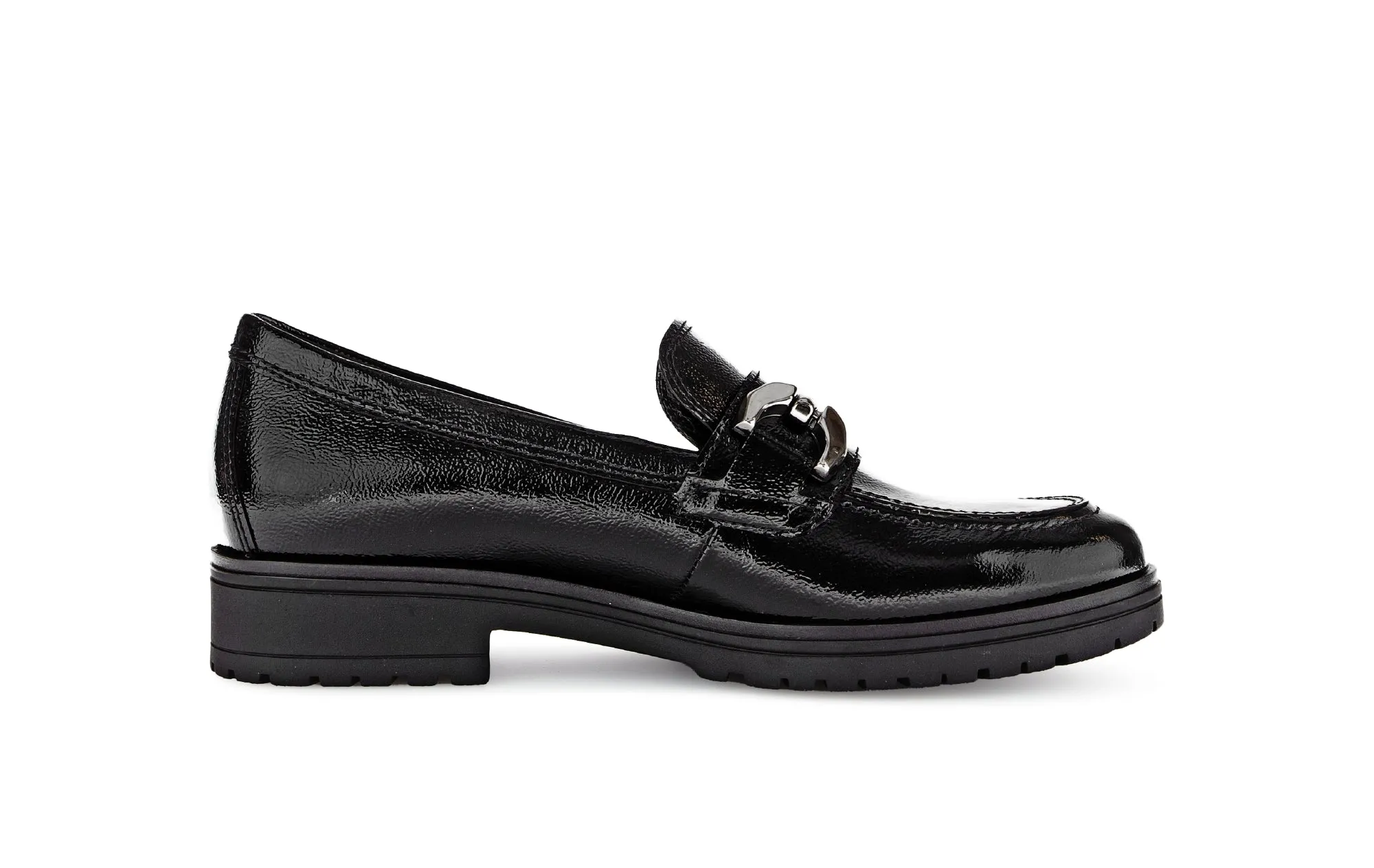 GABOR - 55.251.97 LOW HEEL LOAFER WITH CHAIN DETAIL - BLACK PATENT