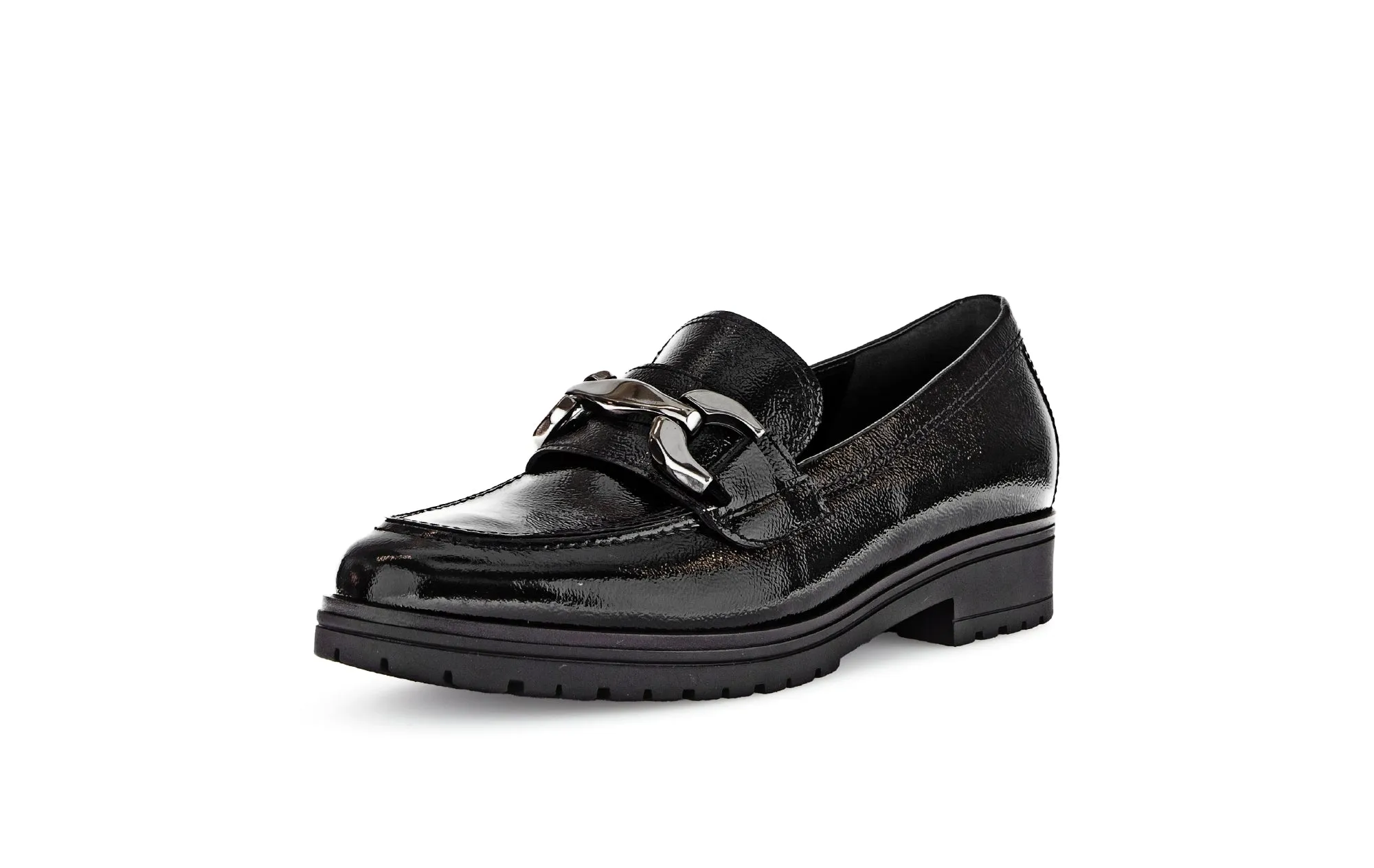 GABOR - 55.251.97 LOW HEEL LOAFER WITH CHAIN DETAIL - BLACK PATENT