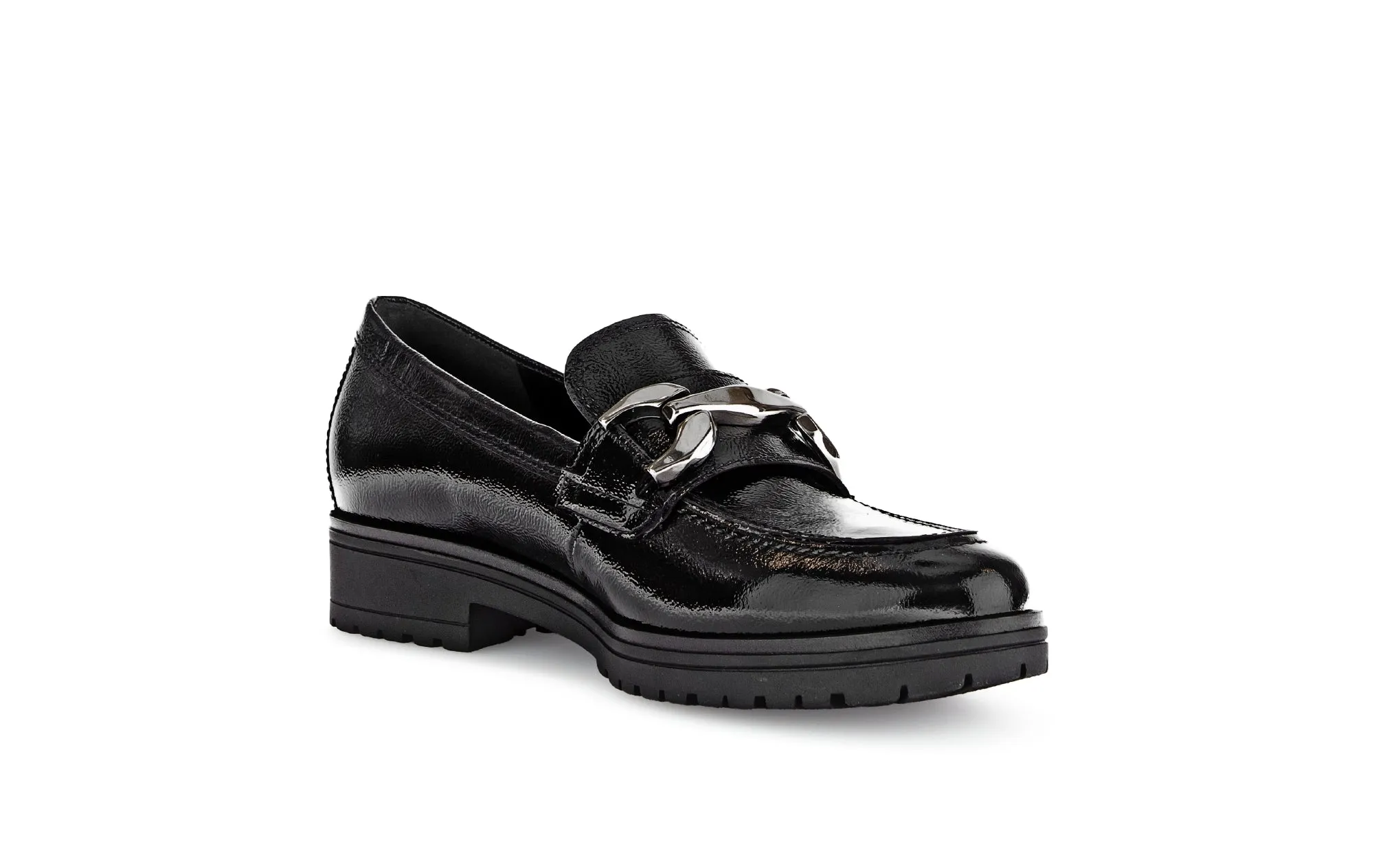 GABOR - 55.251.97 LOW HEEL LOAFER WITH CHAIN DETAIL - BLACK PATENT