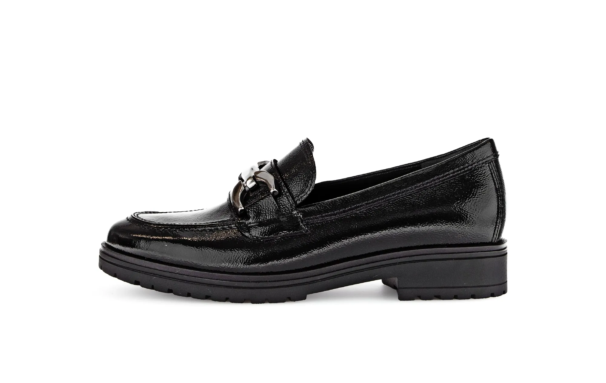 GABOR - 55.251.97 LOW HEEL LOAFER WITH CHAIN DETAIL - BLACK PATENT