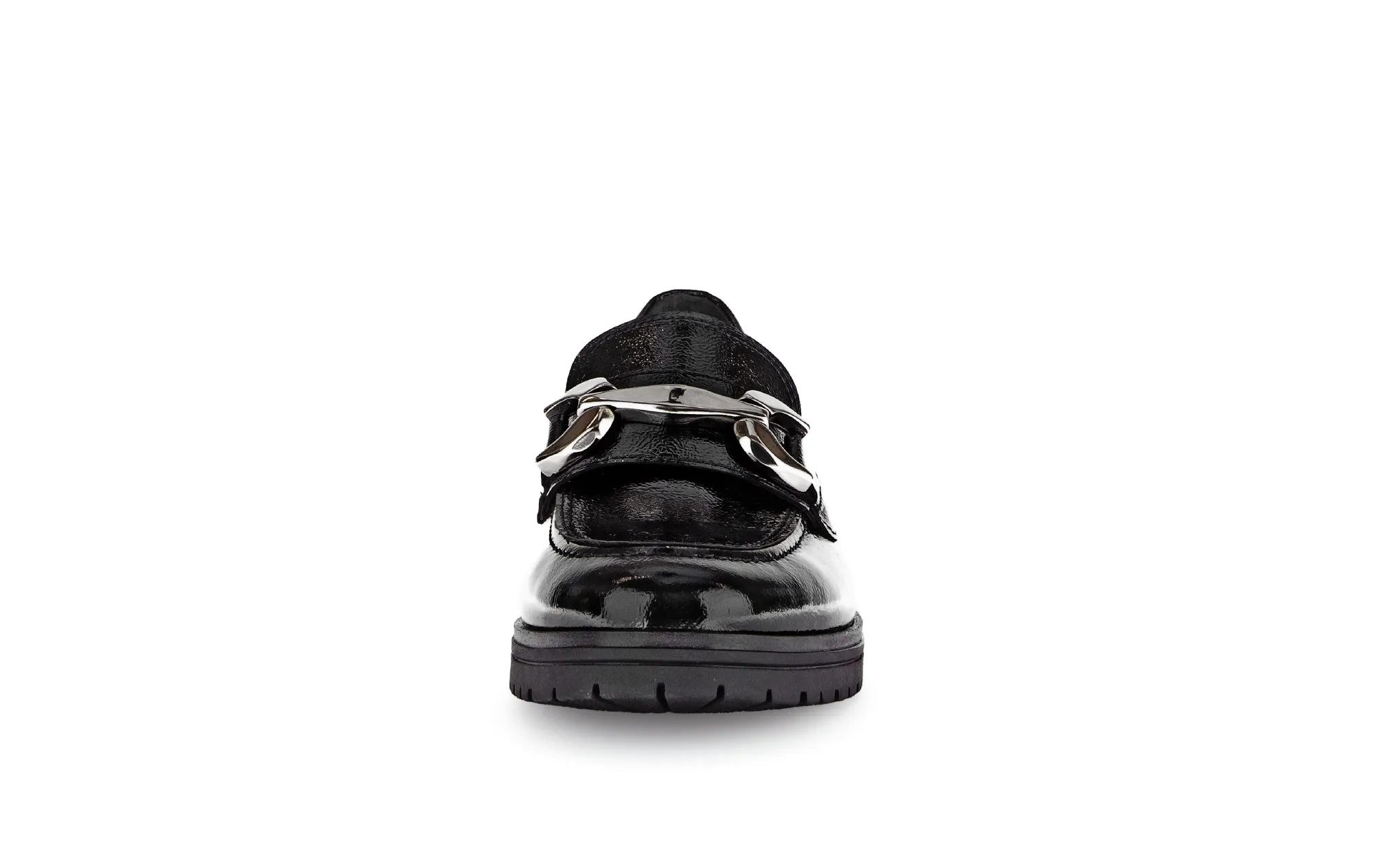 GABOR - 55.251.97 LOW HEEL LOAFER WITH CHAIN DETAIL - BLACK PATENT