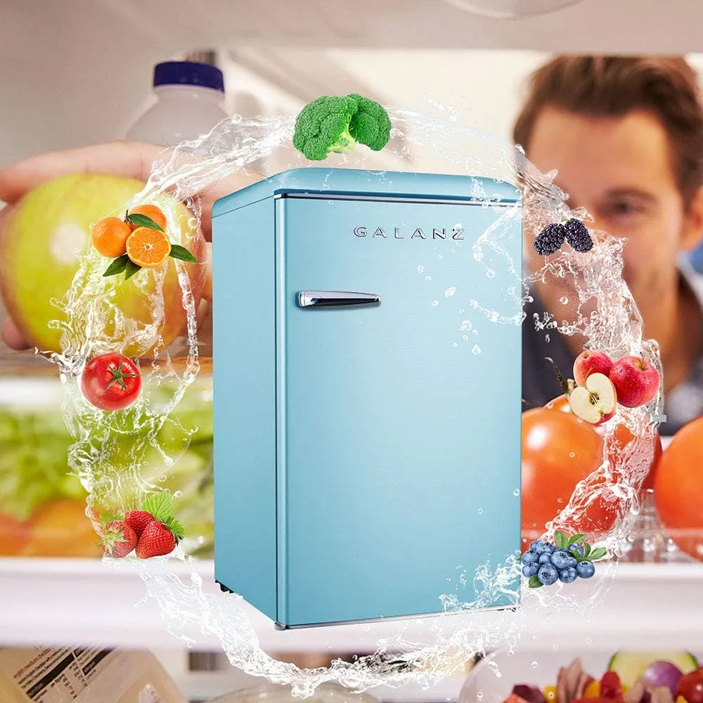 Galanz GLR33MBER10 Retro Compact Refrigerator, Single Door Fridge, Adjustable Mechanical Thermostat with Chiller, Blue, 3.3 Cu Ft