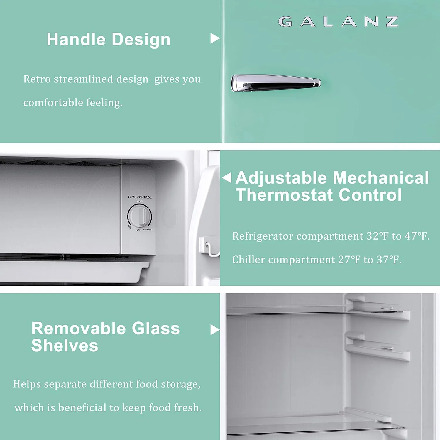 Galanz GLR33MGNR10 Retro Compact Refrigerator, Single Door Fridge, Adjustable Mechanical Thermostat with Chiller, Green, 3.3 Cu Ft