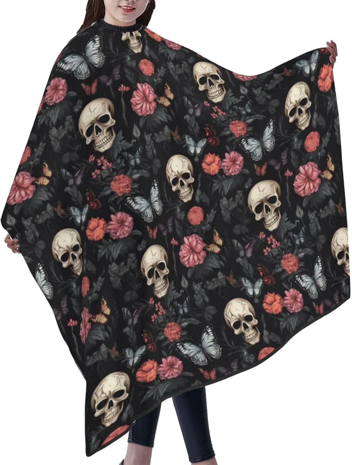 Gothic Flower Butterfly Sugar Skull Barber Cape with Adjustable Buckle Hair Cutting Salon Cape for Unisex, Perfect for Hairstylists