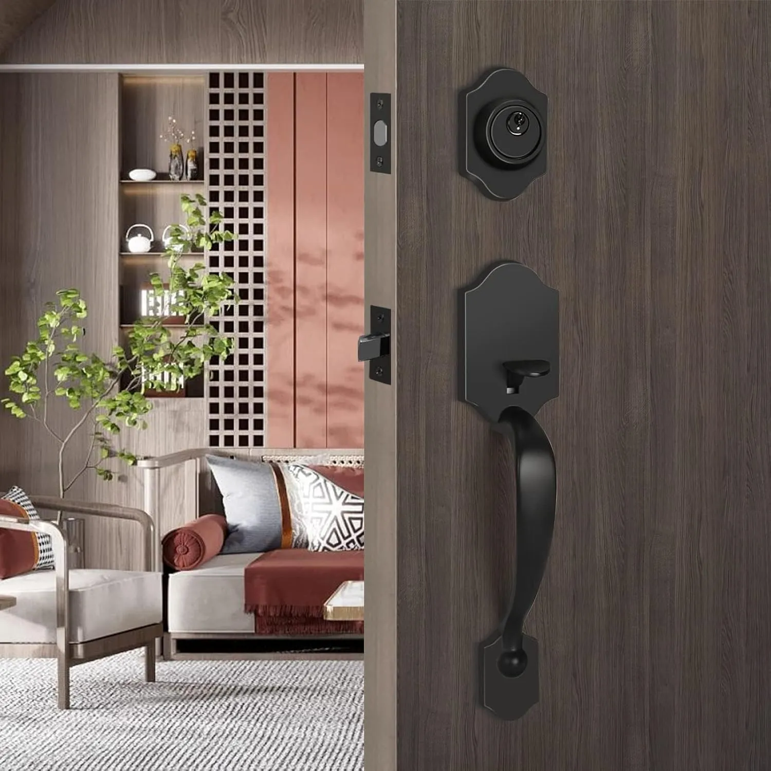 Haidms Matte Black Front Door Handle and Deadbolt Set, Front Door Lock Set, Entry Door Locksets with Deadbolt Single Cylinder, Exterior Door Handle with Reversible Handle Lever