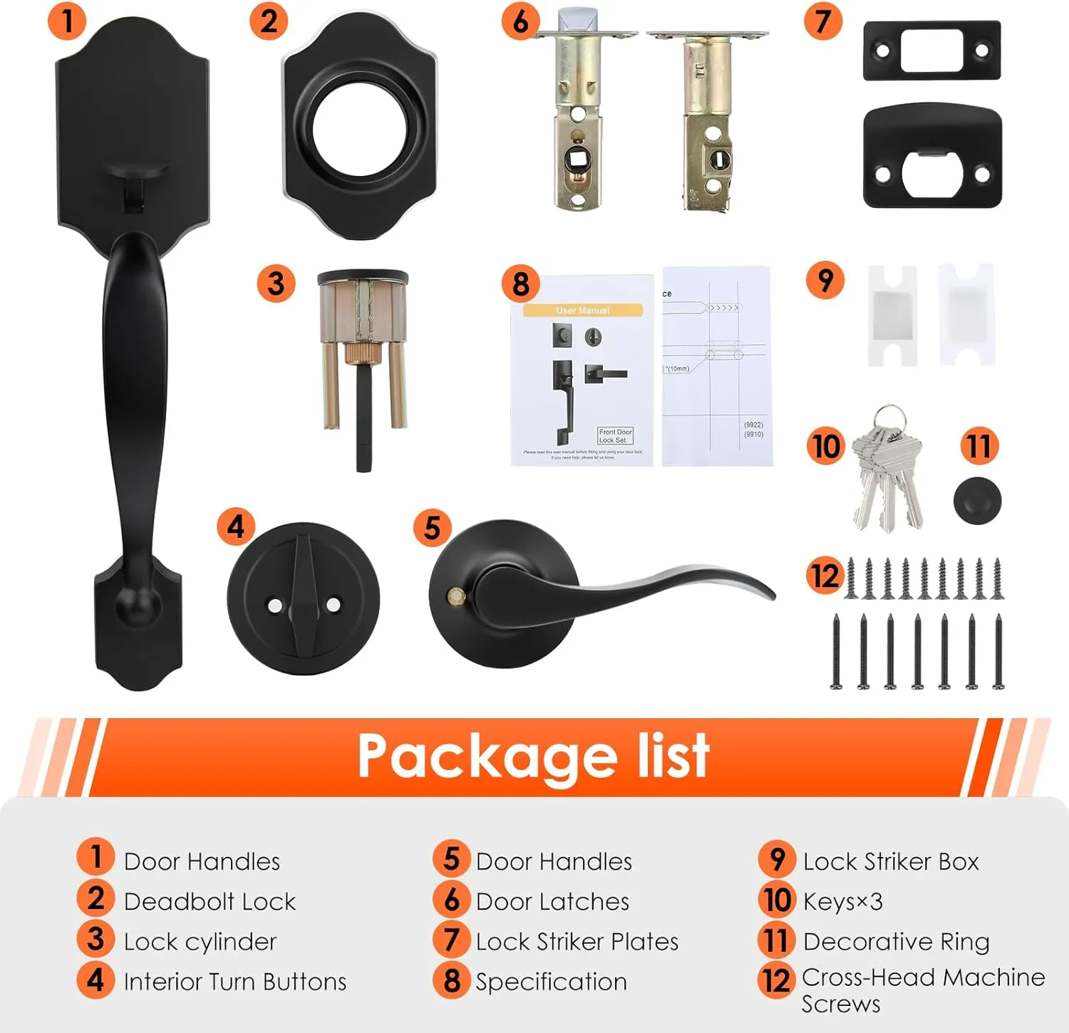 Haidms Matte Black Front Door Handle and Deadbolt Set, Front Door Lock Set, Entry Door Locksets with Deadbolt Single Cylinder, Exterior Door Handle with Reversible Handle Lever