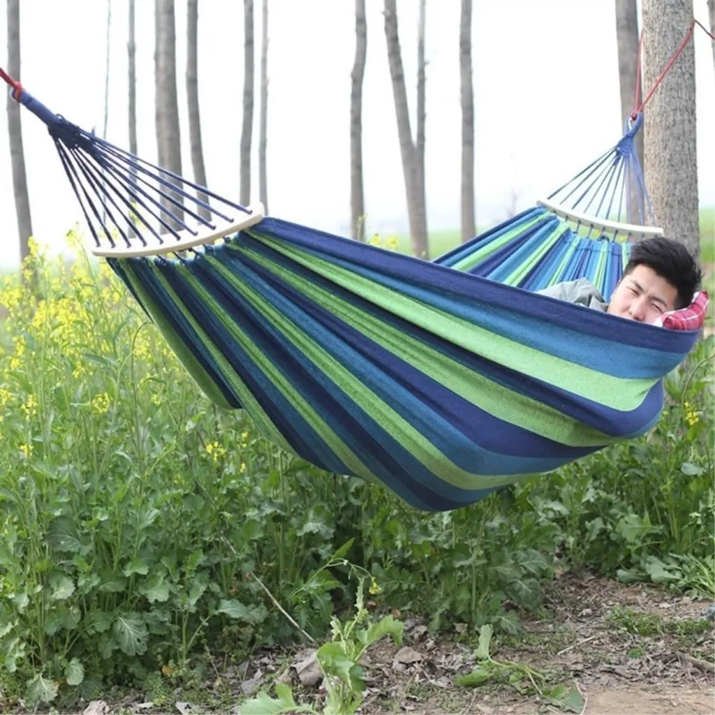 Hammock Outdoor Thickened Canvas Outdoor Bent Wooden Stick Hanging Sheet Double Hammock Swing Dormitory Camping Hammocks for Outside(Blue,B)