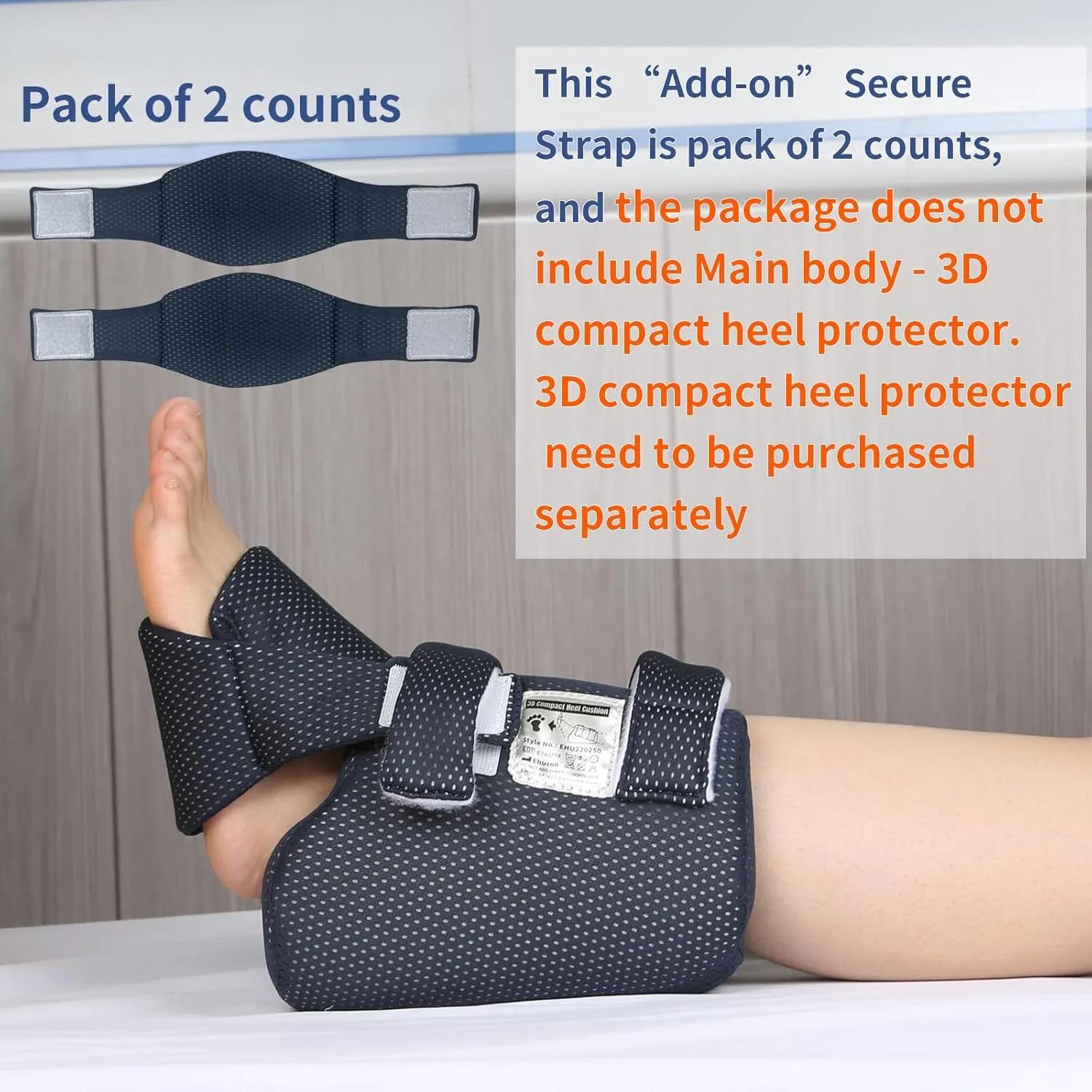 Heel Protector Add-on Secure Strap Works with 3D Compact Heel Protectors for Pressure Sores, Ankle Pillow Foot Cushion for Heel Pain, Reduce the Pressure Sores (Navy Blue Secure Strap 2 pcs)