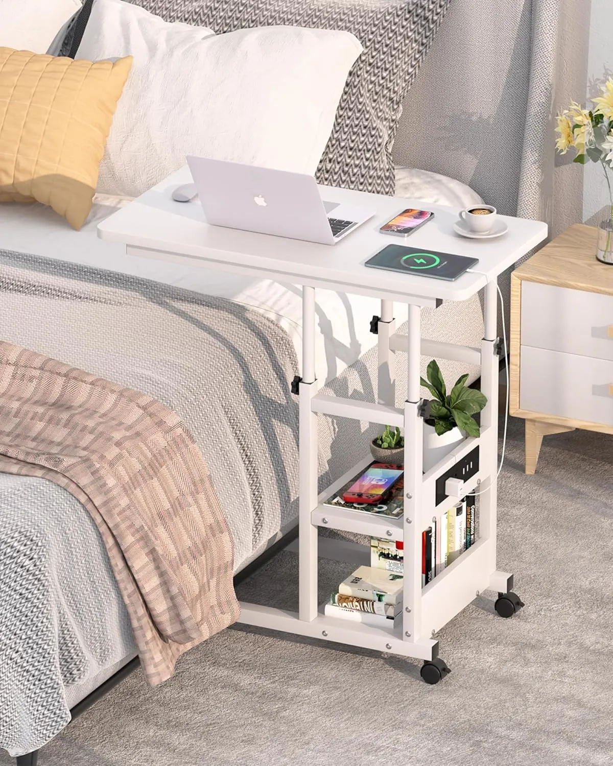 Height Adjustable C Shaped End Table with Charging Station, Mobile Laptop Side Table with USB Port and Wheels, Sofa Couch Table with 2-Tier Storage Shelve for Living Room Bedroom, White