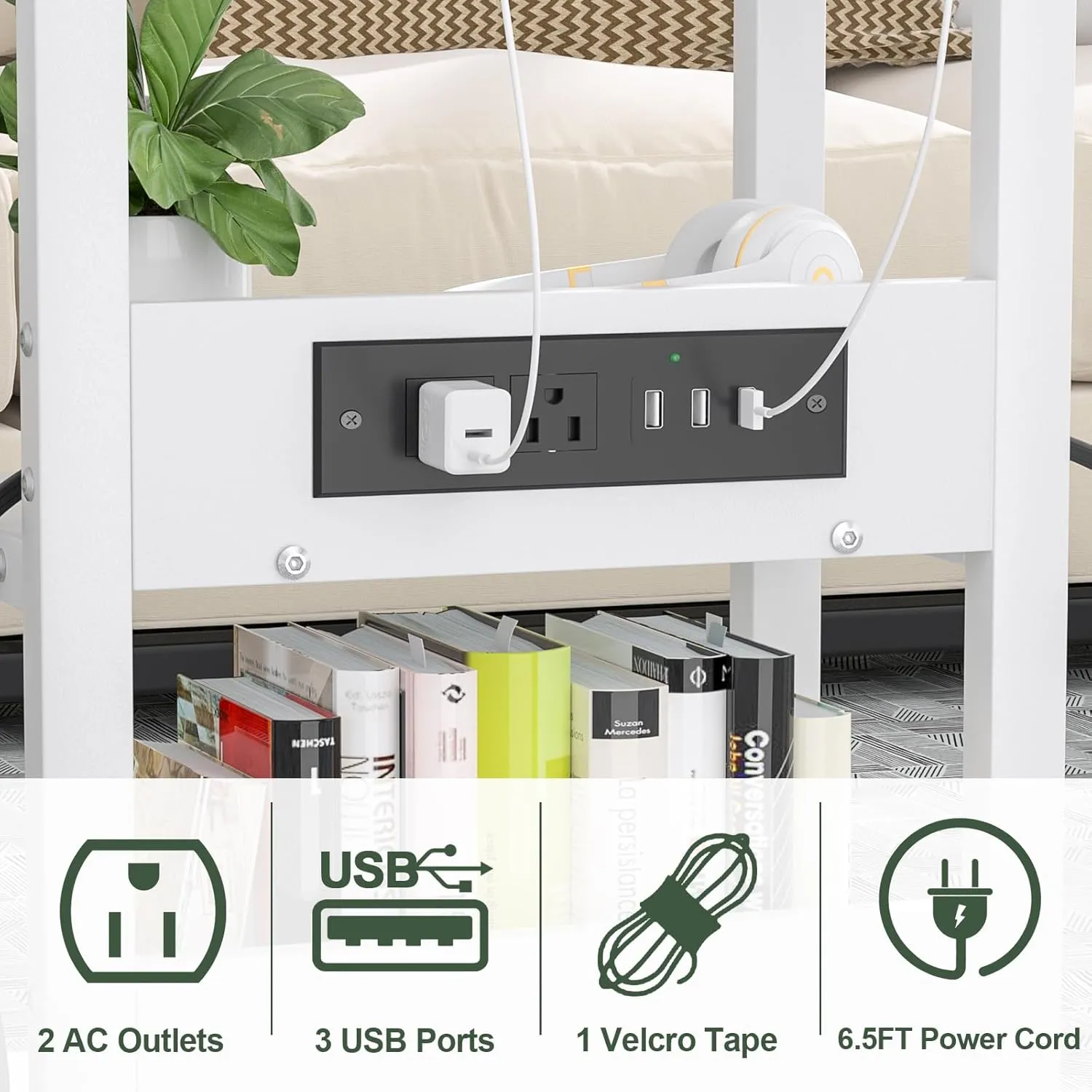 Height Adjustable C Shaped End Table with Charging Station, Mobile Laptop Side Table with USB Port and Wheels, Sofa Couch Table with 2-Tier Storage Shelve for Living Room Bedroom, White