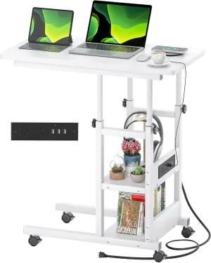 Height Adjustable C Shaped End Table with Charging Station, Mobile Laptop Side Table with USB Port and Wheels, Sofa Couch Table with 2-Tier Storage Shelve for Living Room Bedroom, White
