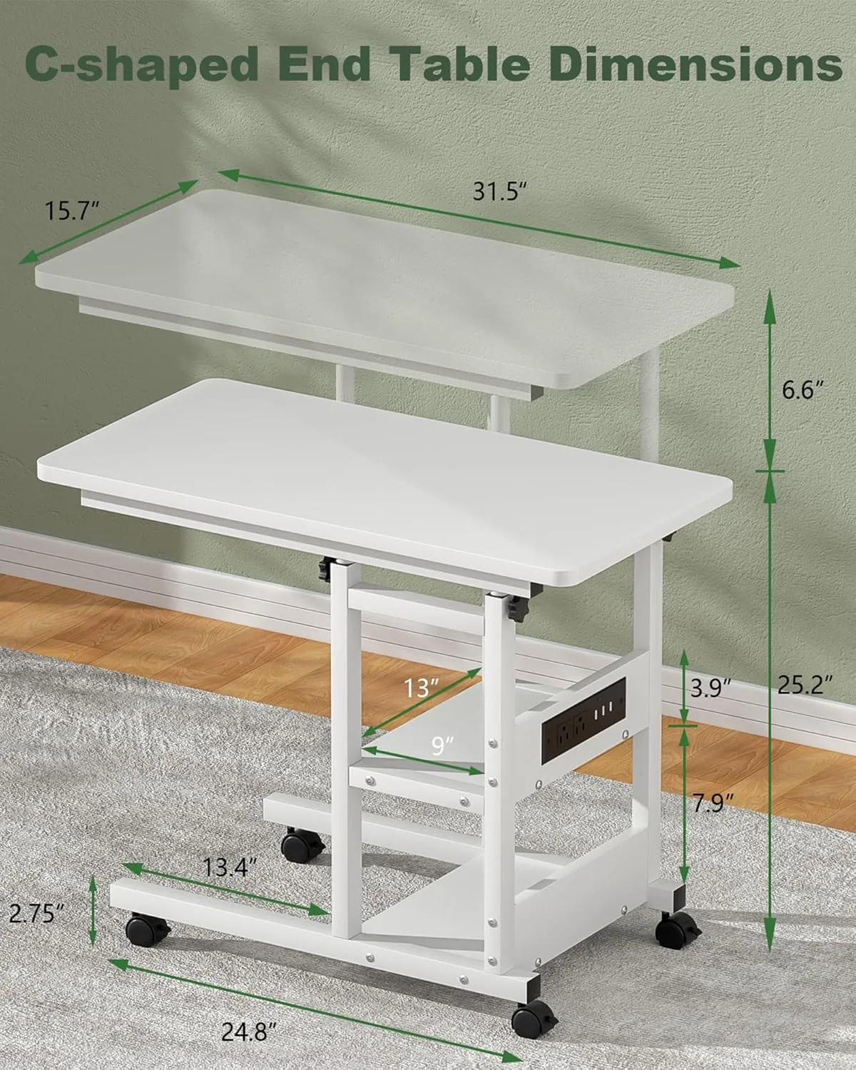 Height Adjustable C Shaped End Table with Charging Station, Mobile Laptop Side Table with USB Port and Wheels, Sofa Couch Table with 2-Tier Storage Shelve for Living Room Bedroom, White