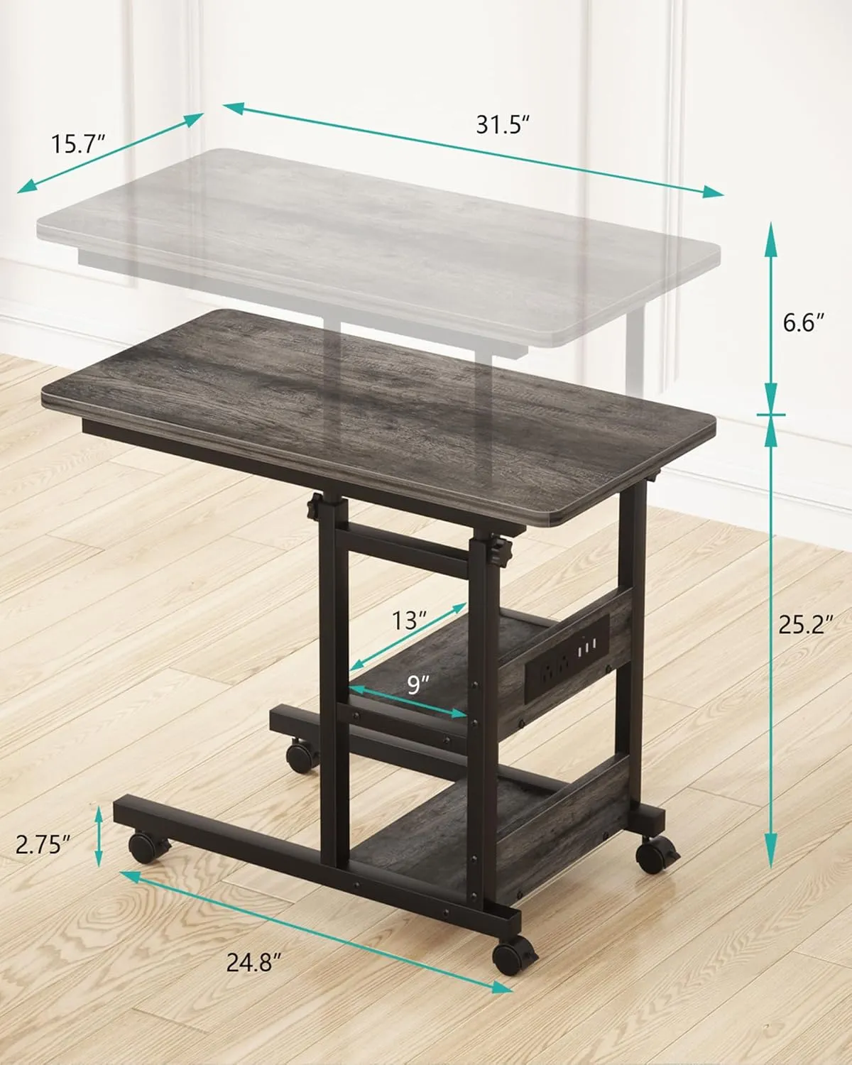 Height Adjustable End Table with Charging Station, Mobile C Shaped Laptop Side Table with Wheels, 3-Tier Sofa Couch Table with Storage Shelve for Living Room Bedroom, Grey Oak