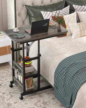 Height Adjustable End Table with Charging Station, Mobile C Shaped Laptop Side Table with Wheels, 3-Tier Sofa Couch Table with Storage Shelve for Living Room Bedroom, Grey Oak