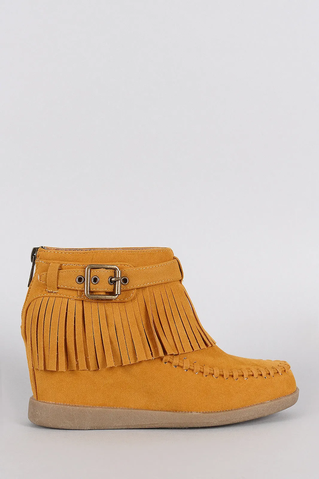 Hidden Buckle Booties Resilient Wedge Bamboo Fringe Large selection Moccasin