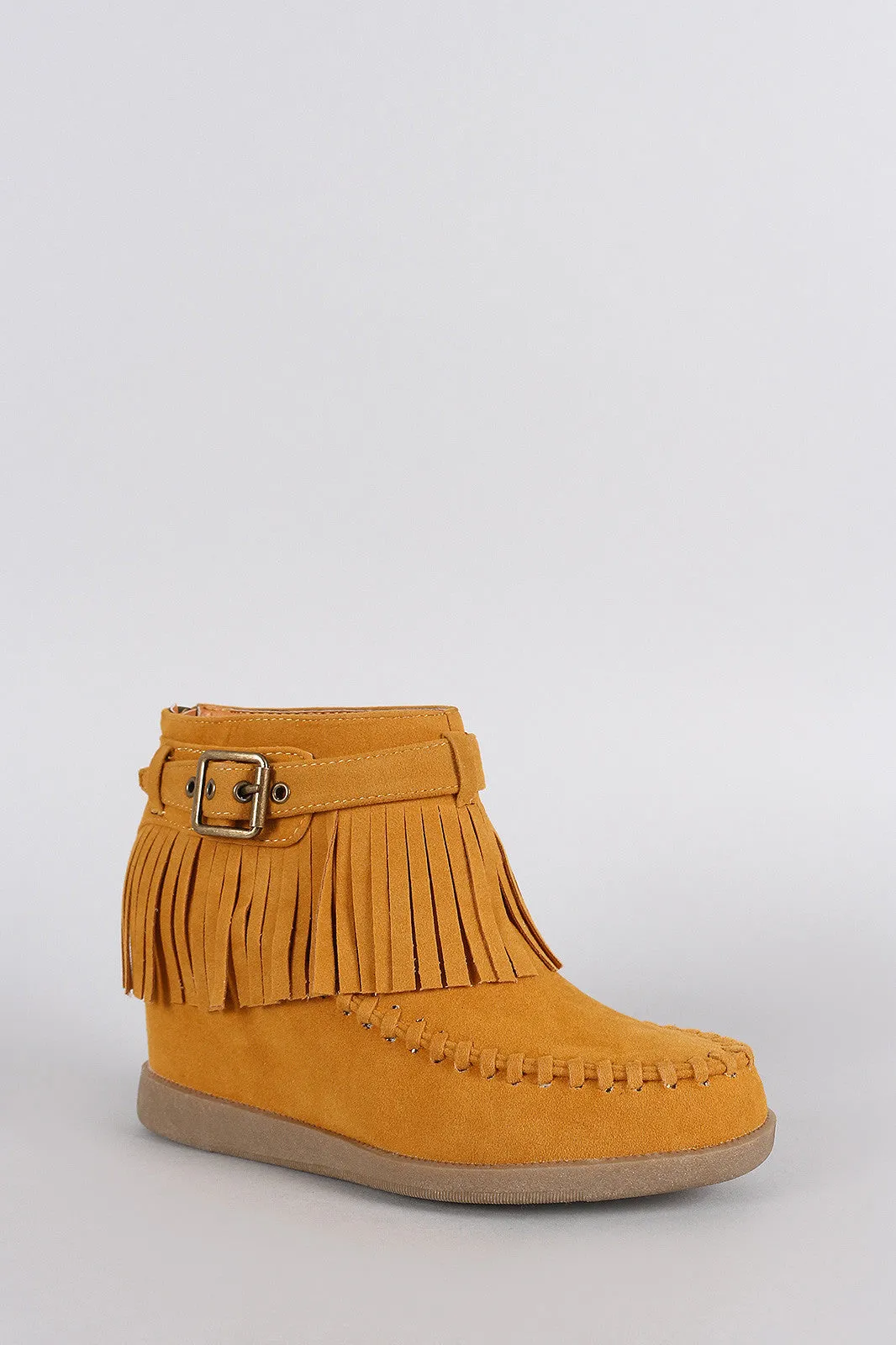 Hidden Buckle Booties Resilient Wedge Bamboo Fringe Large selection Moccasin