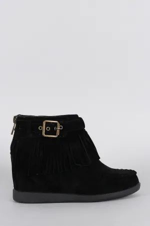 Hidden Buckle Booties Resilient Wedge Bamboo Fringe Large selection Moccasin
