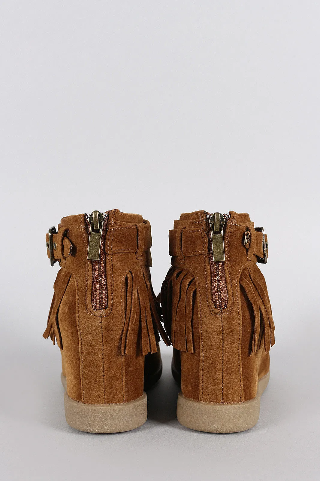 Hidden Buckle Booties Resilient Wedge Bamboo Fringe Large selection Moccasin
