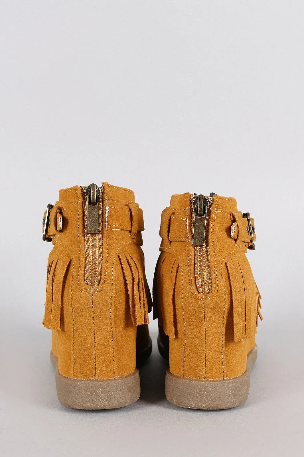 Hidden Buckle Booties Resilient Wedge Bamboo Fringe Large selection Moccasin
