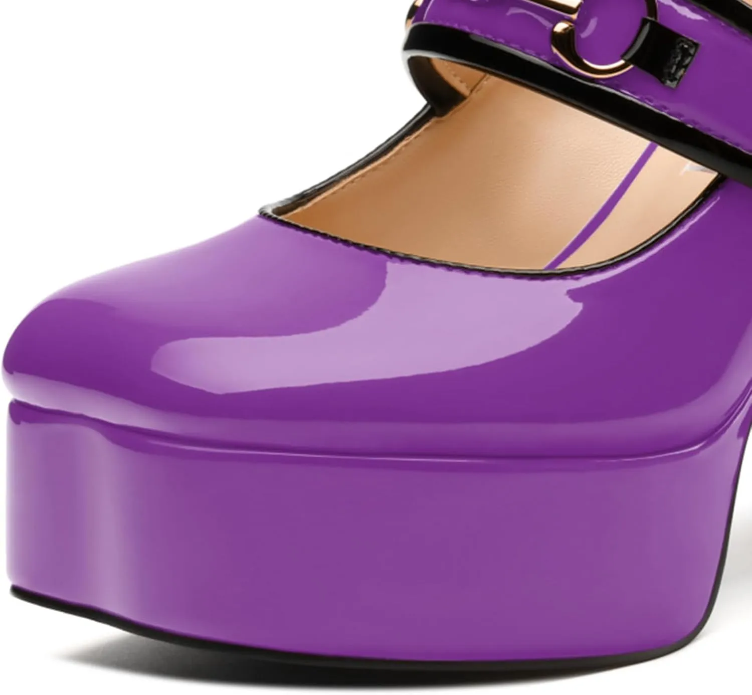 High Heels Pumps Square Toe Women's Shoes Patent Leather Thick Sole Thick Heel Hook-and-Loop Straps Height 10 Cm