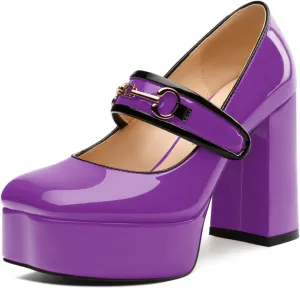High Heels Pumps Square Toe Women's Shoes Patent Leather Thick Sole Thick Heel Hook-and-Loop Straps Height 10 Cm