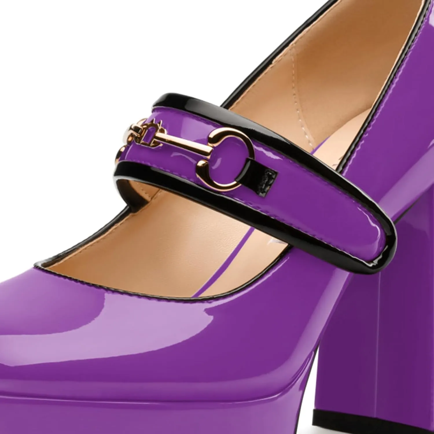 High Heels Pumps Square Toe Women's Shoes Patent Leather Thick Sole Thick Heel Hook-and-Loop Straps Height 10 Cm
