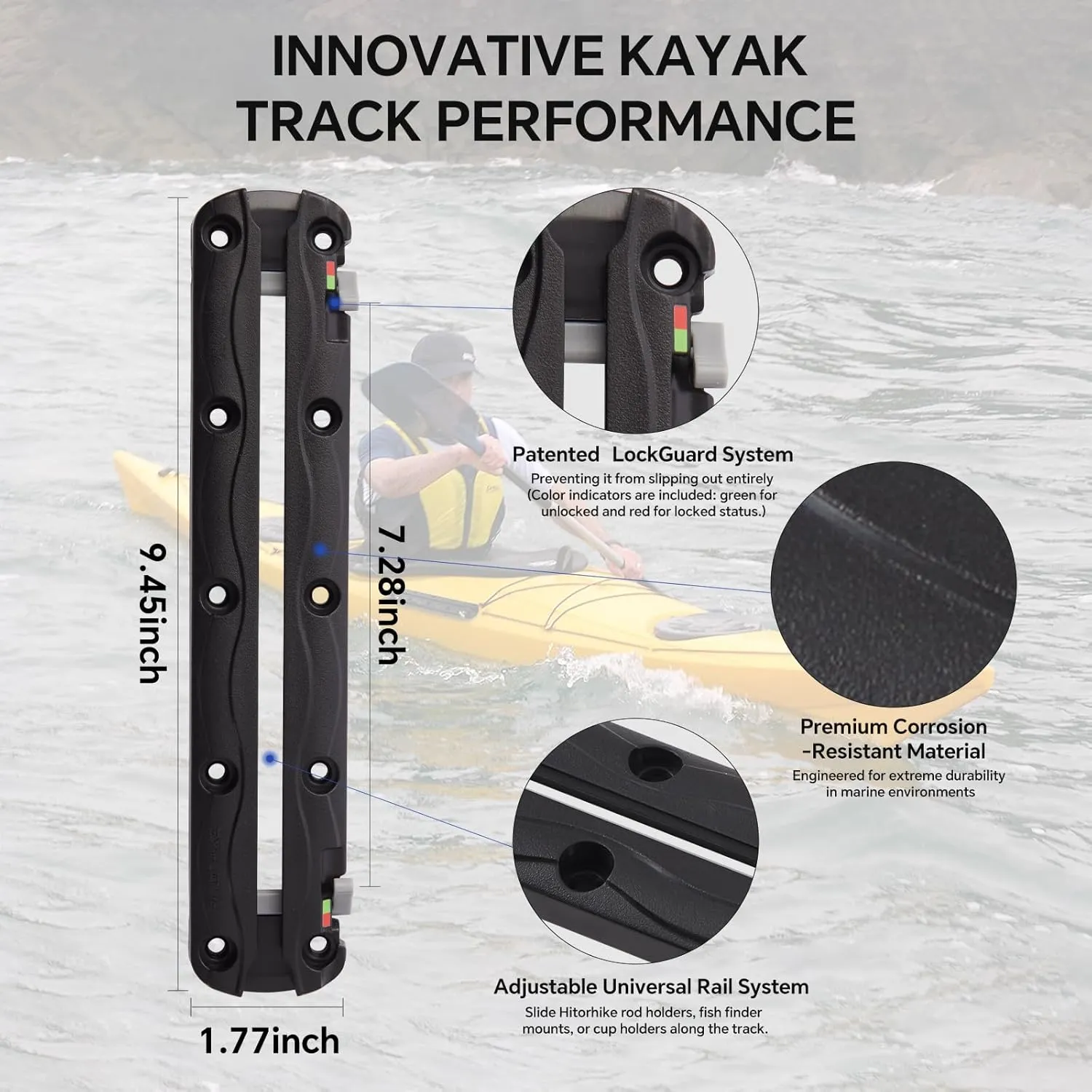 Hitorhike Pro Kayak Fishing Track with Manual Lock - All-Water Ready Rail System, Fast Installation for Rods Finders Cups - Fits Kayaks Jon Boats and Small Boats
