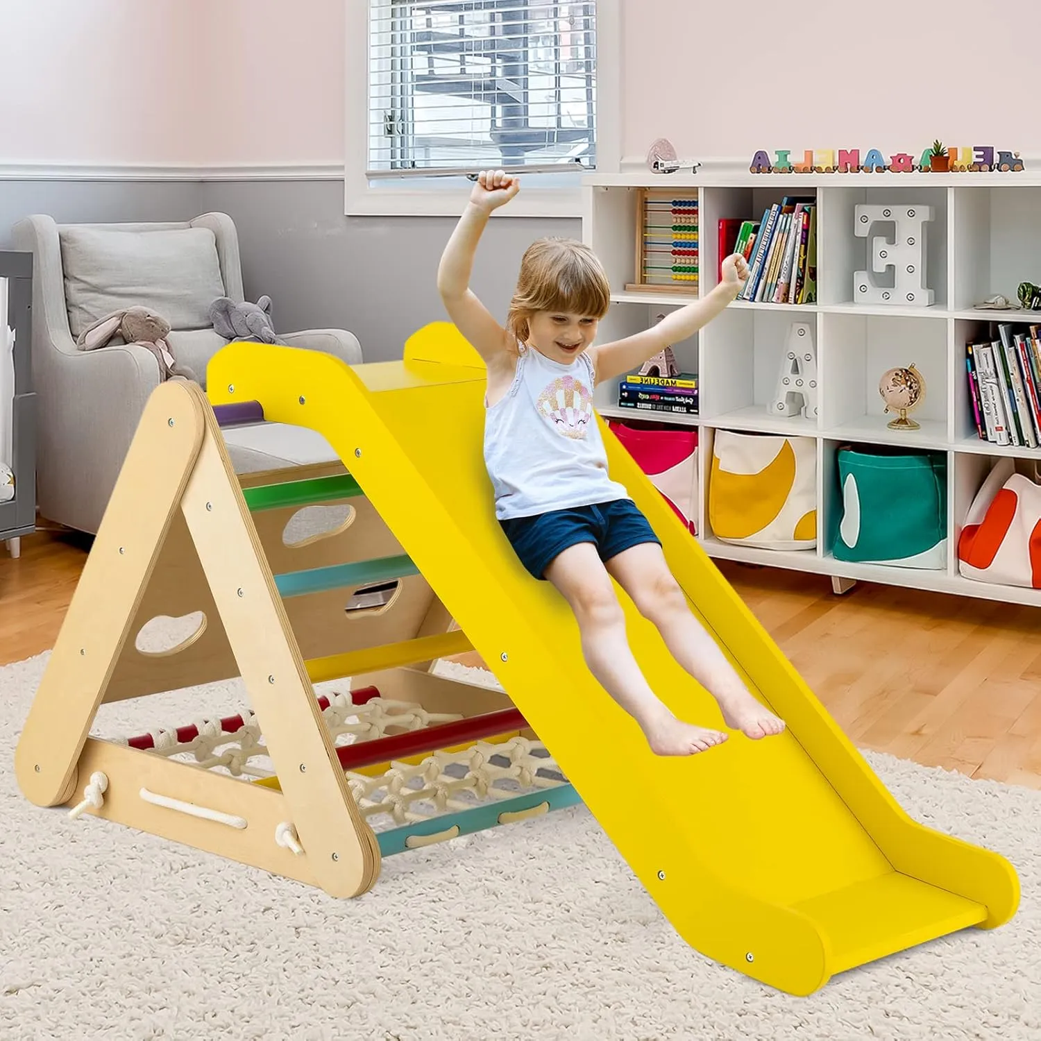 HONEY JOY 4-in-1 Triangle Climber with Ramp, 3-Side Kids Climbing Triangle Ladder with Net Rope & Bars, Wooden Montessori Climbing Toys for Toddlers Daycare, Gym & Playground, Gift for Boys Girls