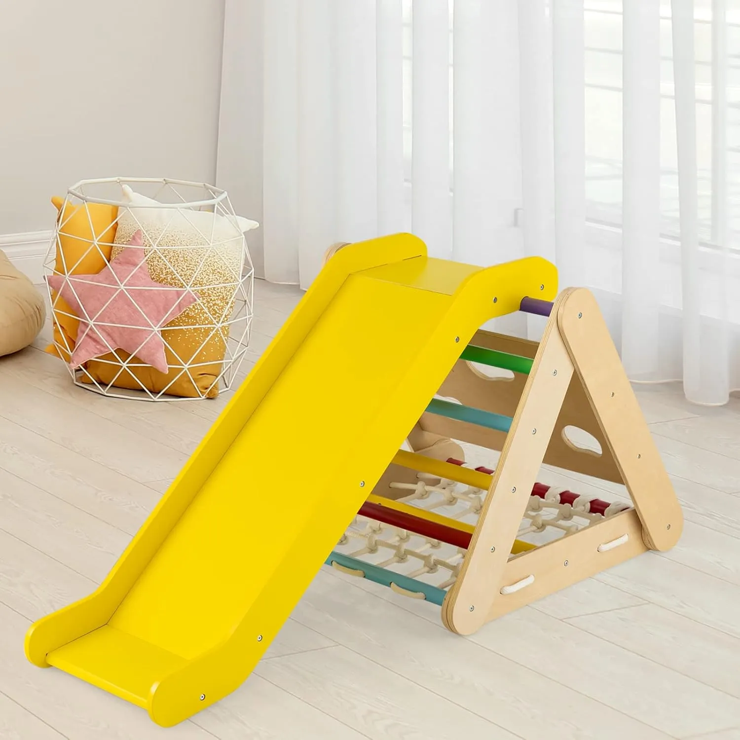 HONEY JOY 4-in-1 Triangle Climber with Ramp, 3-Side Kids Climbing Triangle Ladder with Net Rope & Bars, Wooden Montessori Climbing Toys for Toddlers Daycare, Gym & Playground, Gift for Boys Girls