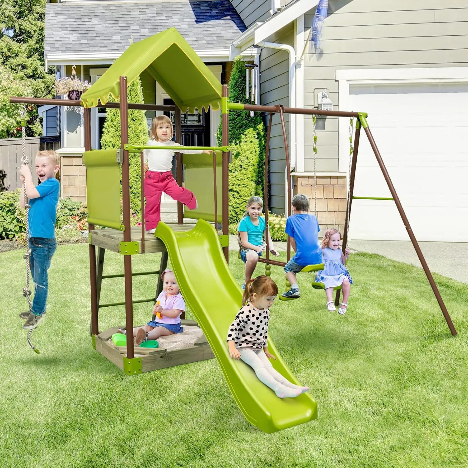 HONEY JOY Swing Sets for Backyard, 7-in-1 Heavy Duty Metal Swingset w/Glider, Slide, Covered Mesh Fort with Canopy, Sandbox, Belt Swing, Climbing Rope, Ladder, Outdoor Playground Swing Set for Kids