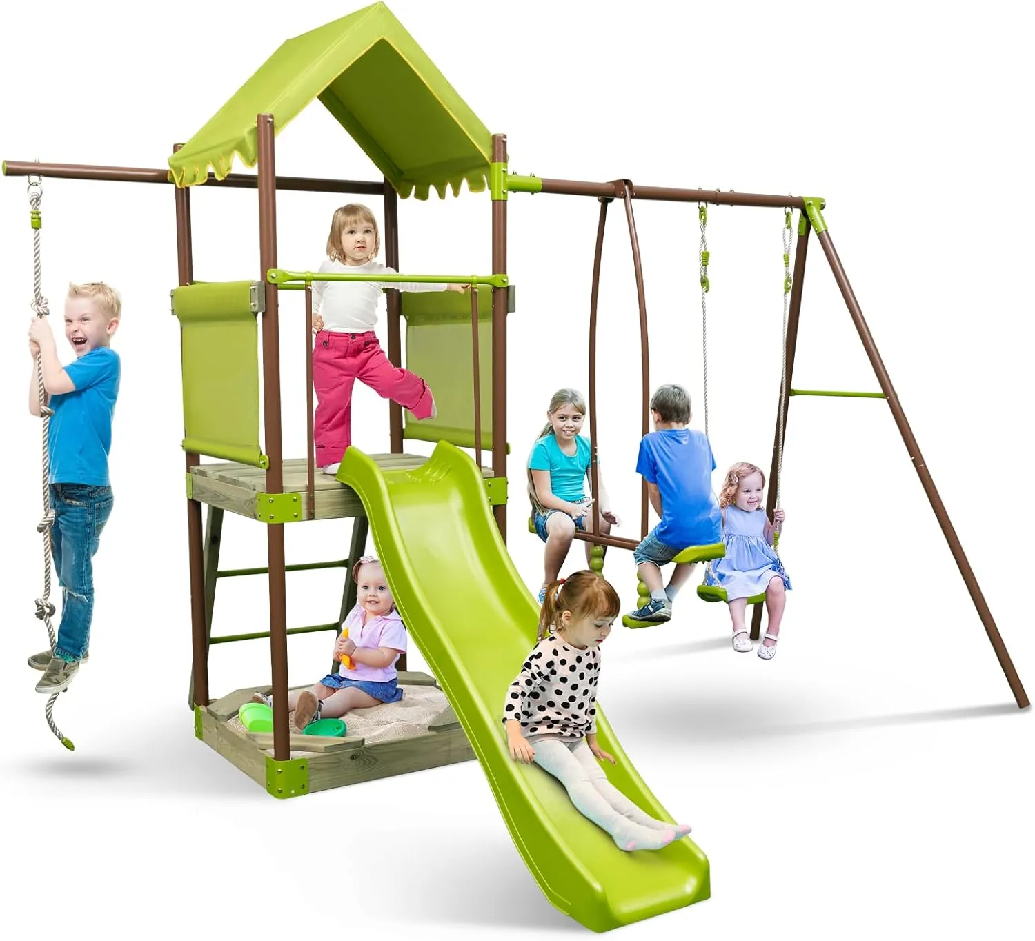 HONEY JOY Swing Sets for Backyard, 7-in-1 Heavy Duty Metal Swingset w/Glider, Slide, Covered Mesh Fort with Canopy, Sandbox, Belt Swing, Climbing Rope, Ladder, Outdoor Playground Swing Set for Kids