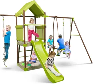 HONEY JOY Swing Sets for Backyard, 7-in-1 Heavy Duty Metal Swingset w/Glider, Slide, Covered Mesh Fort with Canopy, Sandbox, Belt Swing, Climbing Rope, Ladder, Outdoor Playground Swing Set for Kids
