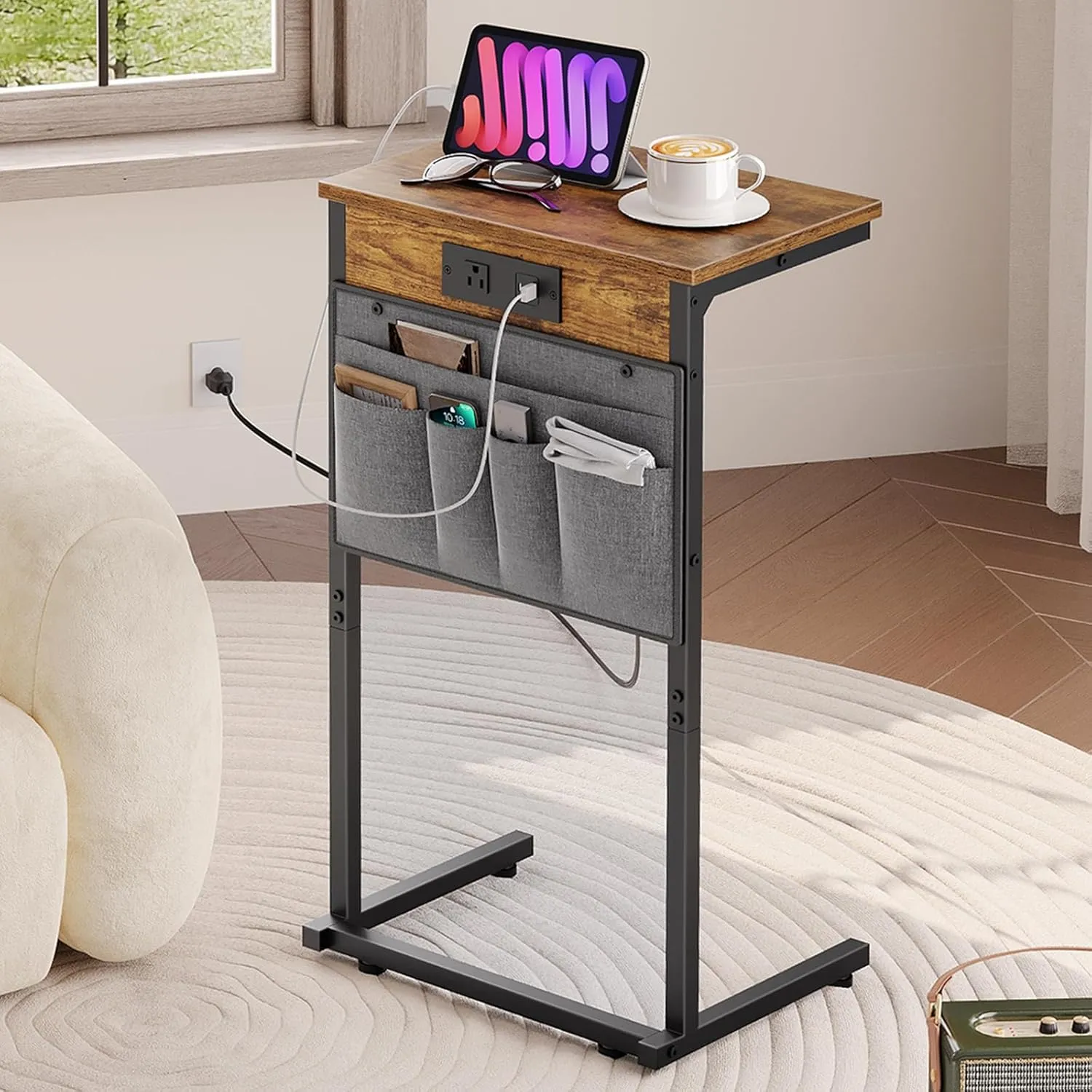 HOOBRO C Shaped End Table with Charging Station, 28" Tall Couch Recliner Table for Small Spaces, Slide Under Sofa Tray Side Table with Storage Bag for Living Room, Rustic Brown BF70USF01