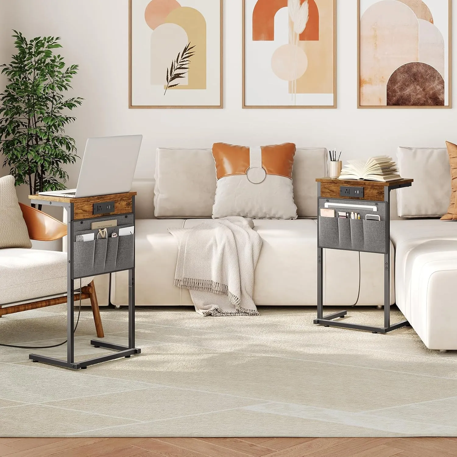 HOOBRO C Shaped End Table with Charging Station, 28" Tall Couch Recliner Table for Small Spaces, Slide Under Sofa Tray Side Table with Storage Bag for Living Room, Rustic Brown BF70USF01