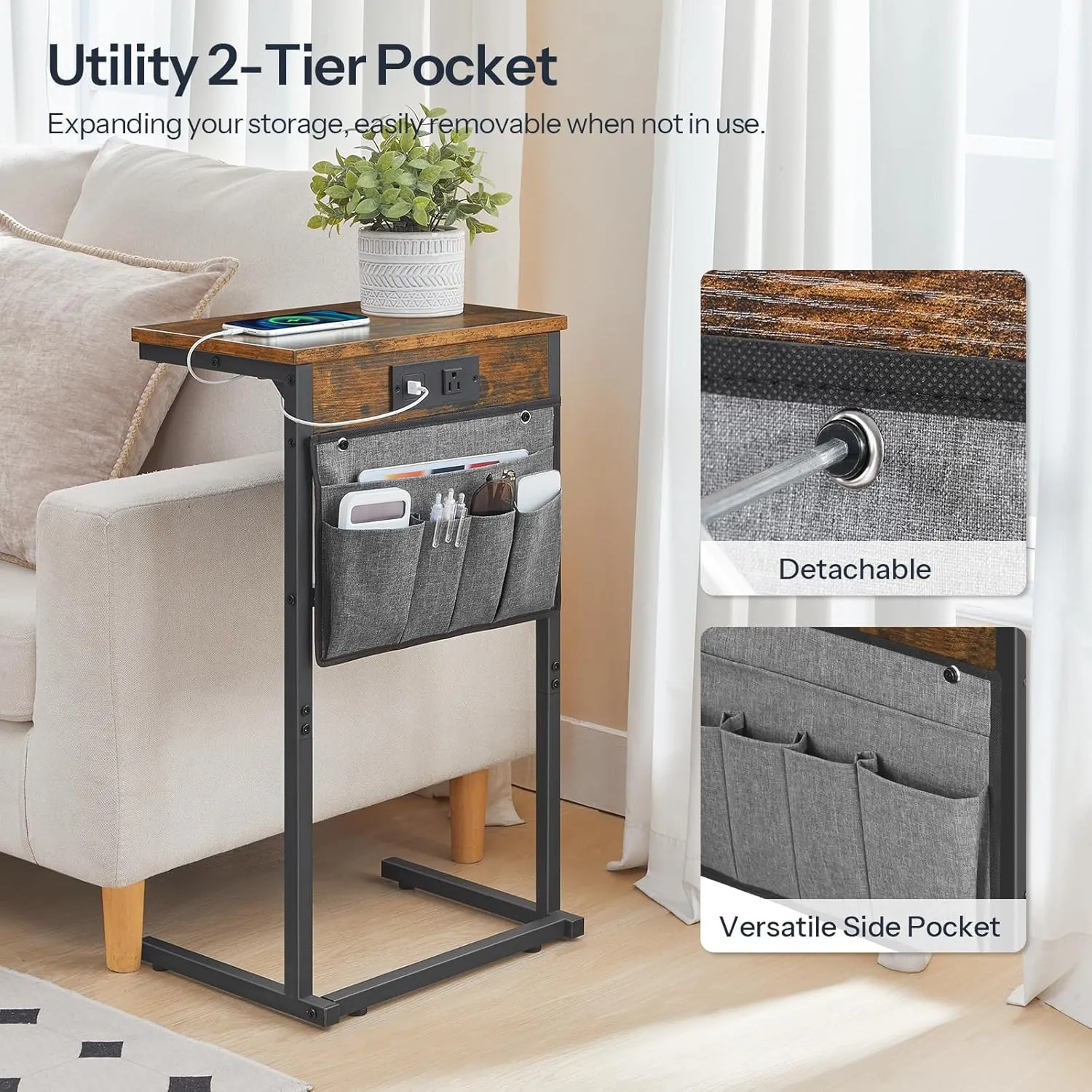 HOOBRO C Shaped End Table with Charging Station, 28" Tall Couch Recliner Table for Small Spaces, Slide Under Sofa Tray Side Table with Storage Bag for Living Room, Rustic Brown BF70USF01
