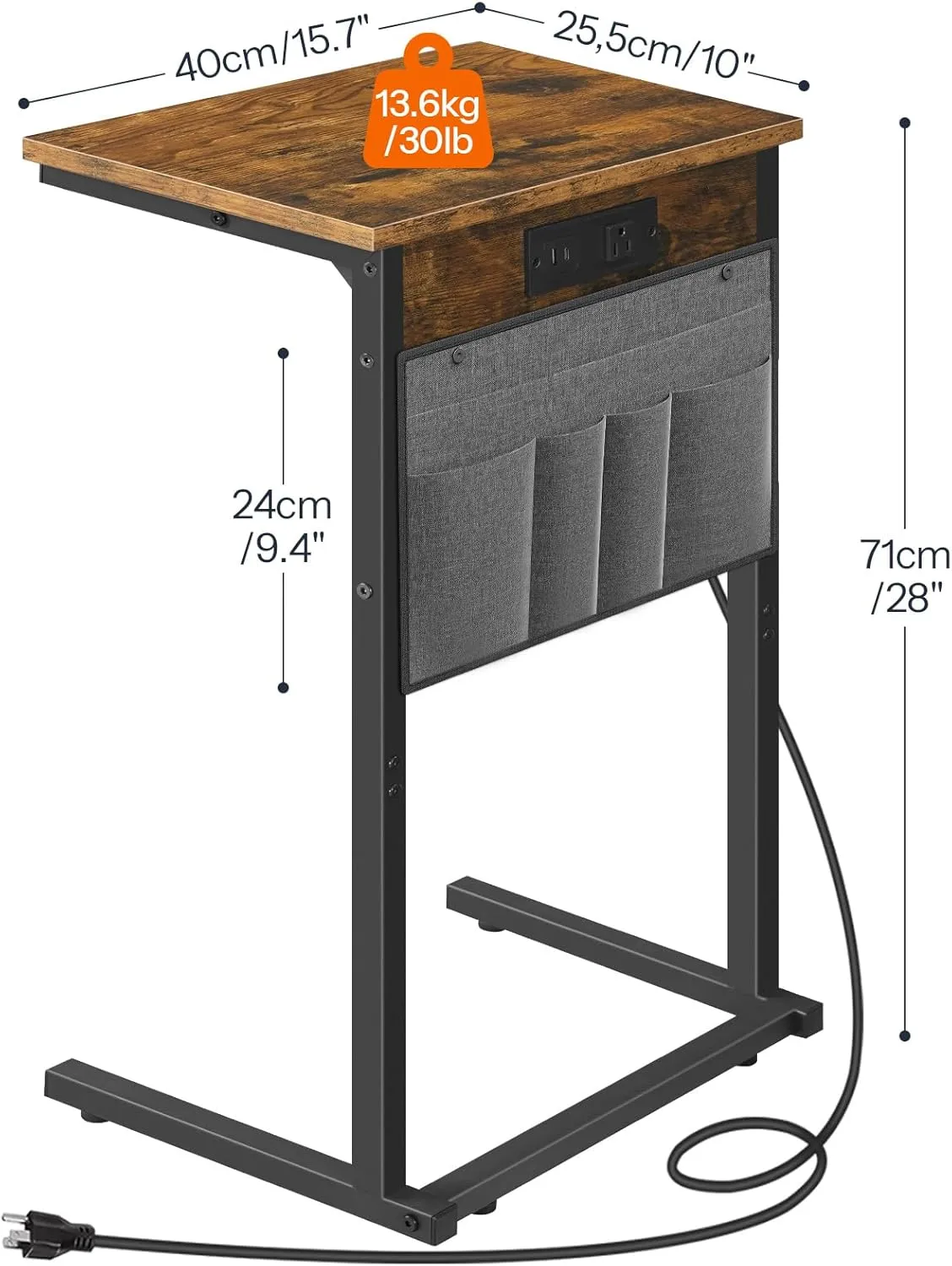 HOOBRO C Shaped End Table with Charging Station, 28" Tall Couch Recliner Table for Small Spaces, Slide Under Sofa Tray Side Table with Storage Bag for Living Room, Rustic Brown BF70USF01