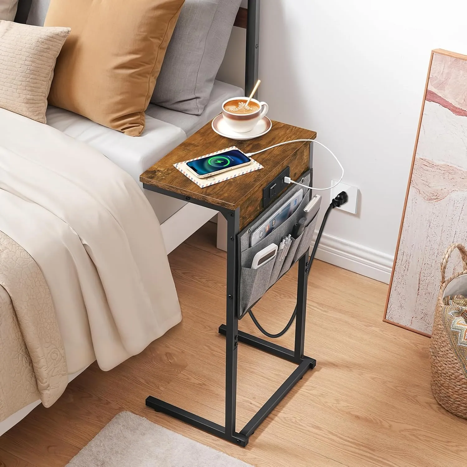 HOOBRO C Shaped End Table with Charging Station, 28" Tall Couch Recliner Table for Small Spaces, Slide Under Sofa Tray Side Table with Storage Bag for Living Room, Rustic Brown BF70USF01